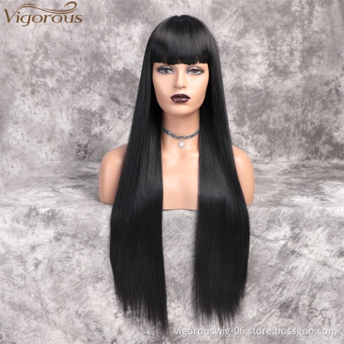 Vigorous 28 inches Long Straight Black Wig Lace Heat Resistant Synthetic Wig With Bangs Natural Hair Wig for Black Women
